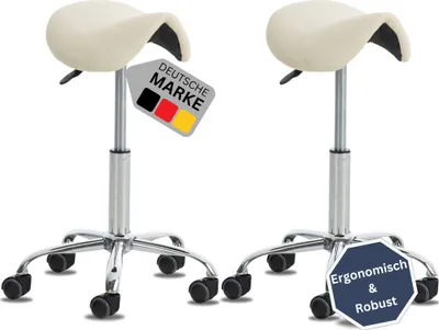 Produktbild von DELUKE® 2er Sattelhocker mit Rollen VOULI | Höhenverstellbar, Drehbar | Kunstleder pflegeleicht | Rollhocker Arbeitshocker Praxishocker Arzthocker Bürohocker Drehhocker | Creme