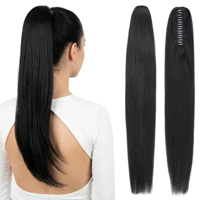 Productafbeelding van Paardenstaart haarverlenging, echt haar met clip, 35 cm, 105 gram, steil, zwart