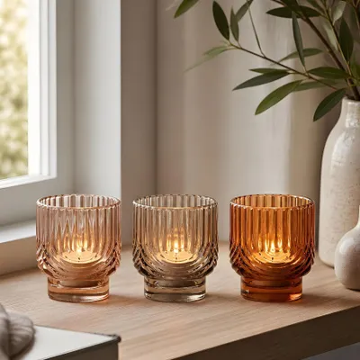 Produktbild von 3er Set Kerzenglas Teelichthalter Bernstein Beige Orange Windlichter Herbst Deko