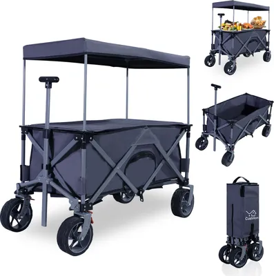 Produktbild von CCLIFE Bollerwagen Faltbar mit Dach und Tischplatte bis 80kg Belastbar Breite Reifen Handwagen Klappbar mit Teleskopstange Bremsen, Farbe: Grau