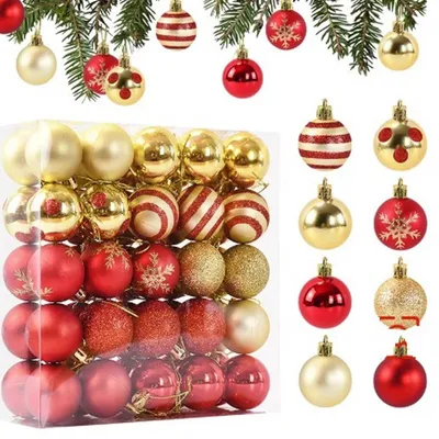 Weihnachtskugeln 50er Set, 4 cm, rot-gold, Kunststoff, Hängeschmuck
