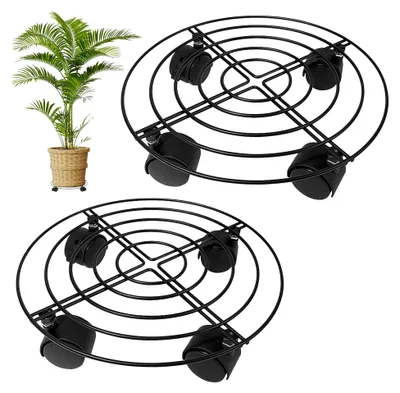Produktbild von 2 Stück Pflanzenroller Rund, Durchmesser 32 cm, 360° drehbare Rollen, Metall Pflanzenroller für Innen- und Außenbereich, Tragkraft 20 kg