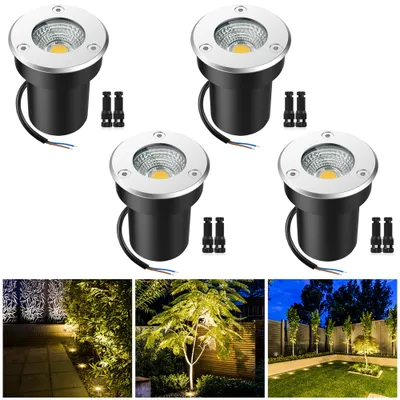 A collage of product images and lifestyle shots of LED ground lights.