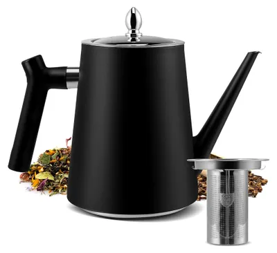 Produktbild von Teekanne Edelstahl mit Siebeinsatz, 1.5L Schwarzer Teekanne mit Hitzebeständigem Griff für Obstkräuter und Infusionstee, Doppelwandig isolierte Edelstahl teekanne Für Tee Kaffee (1)