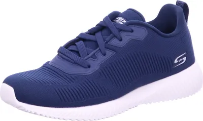 A blue Skechers Bobs Squad training shoe with a white sole is shown against a white background.