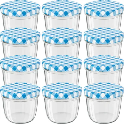 Produktbild von WELLGRO Einmachgläser blau kariert 230ml mit Schraubdeckel - 230 ml, 8,5 x 6,5 cm (ØxH), Glas / Metall, blau karierte Deckel To 82, Gläser  Germany, verschiedene Mengen wählbar, Stückzahl:12 Stück
