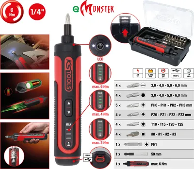 Produktbild von KS Tools Akku-Bit-Stabschrauber eMONSTER, 27-tlg. inkl. Bitsortiment, 1/4\", Links-/Rechts-Umschaltung, 3-Gang-Drehmomenteinstellung, Li-Ion Akku, USB-C, Ladeanzeige, LED Licht, DIN 3126 / C 6 3, in Kunststoffbox