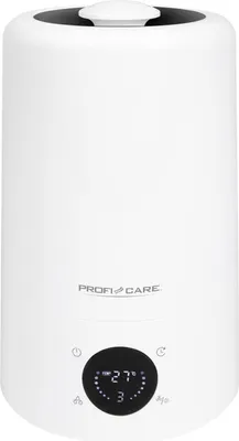 A white humidifier with a digital display and controls.