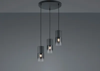 A modern pendant light fixture with three cylindrical shades hanging from a circular base.