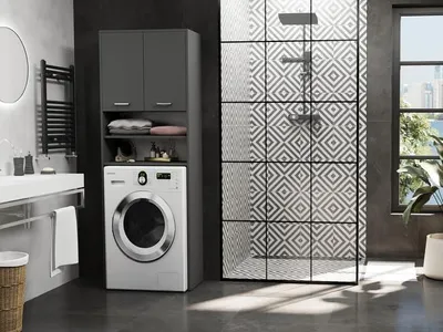 Produktbild von Badezimmerschrank L-64 Anthrazit 64x30x180 cm – hoher Waschmaschinenschrank für Bad, Hochschrank mit Türen, Modern L-64