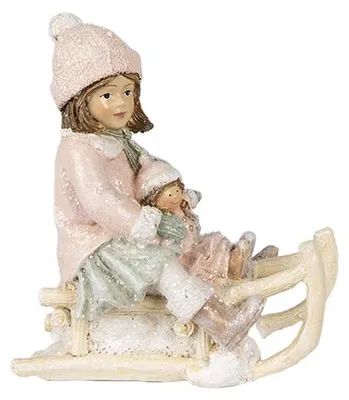 Zdjęcie produktu dla Clayre & Eef Świąteczna figurka dziewczynki na sankach, różowa, 10 x 6 x 11 cm