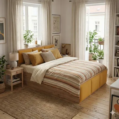 Produktbild von Komvortowy | Polsterbett 140x200 Cm | EICHE CRAFT GOLD | Doppelbett Mit Metall-Lattenrost & Gasdruckfeder | GELBES POLSTERPANEEL | Großem Bettkasten & Stauraum | Hochklappbar Nach Oben