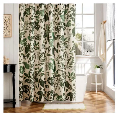 Produktbild von Duschvorhang im Boho-Stil mit Blumenmuster für das Badezimmer, tropische Blätter, wasserdicht, Polyestergewebe, 183 x 183 cm, Grün