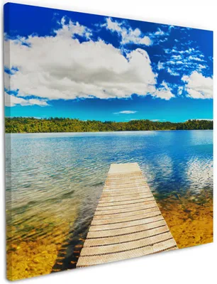 Produktbild von Wallario Premium Leinwandbild Klarer See mit Steg - Blauer Himmel in Größe 50 x 50 cm