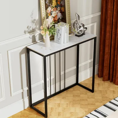 Image de Table console, blanche, 80 cm, table d'entrée, marbre, table basse, style scandinave, table d'appoint, table d'entrée moderne avec structure en métal noir, entrée luxueuse, décorative