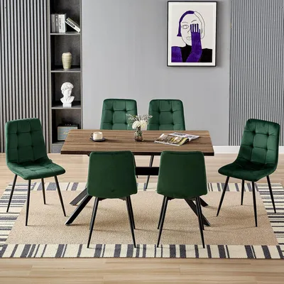 Obrázok produktu pre Jedálenský stôl s 6 stoličkami, obdĺžnikový drevený stôl 140x80 cm, 6 zamatových stoličiek tmavozelenej farby, čierne kovové nohy
