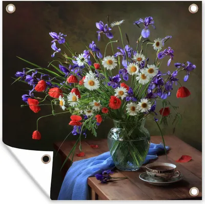 Produktbild von MuchoWow® 100x100 cm Outdoor-Poster Gartendeko Sichtschutz Garten Poster für den Garten  Blumen - Tee - Stilleben