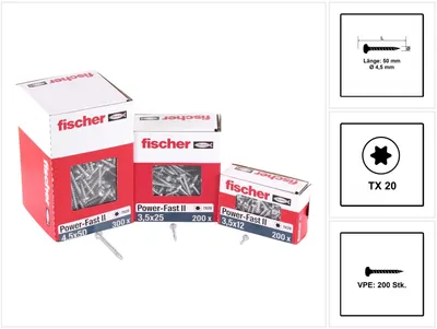 Produktbild von fischer Spanplattenschraube PowerFast FPF II PTF 4,5 x 50 BC 200 Panhead mit Innenstern TX Vollgewinde galvanisch verzinkt, blau passiviert, 200 Stück