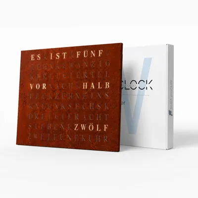 Produktbild von WordClock Jupiter 2.0 – Rust Iron Edition (50×40 cm) – RGBW LED Uhr mit Echtzeituhr & Patinierter Eisenfront
