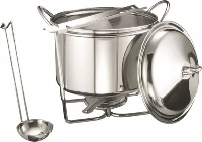 A stainless steel pot with a lid and a ladle, set on a stand with a burner.