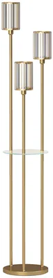 Produktbild von Stehlampe mit Regal mit 3-flammigen Glasschirmen Stehleuchte mit Glastisch 177 cm Gold