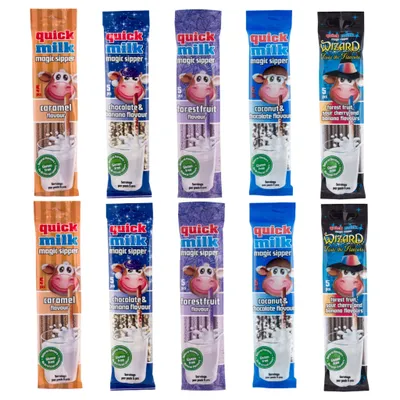 Produktbild von QUICK MILK - 5 Geschmackssorten Trinkhalme für Milch - 10 Stück (50 Halme) - 300 g