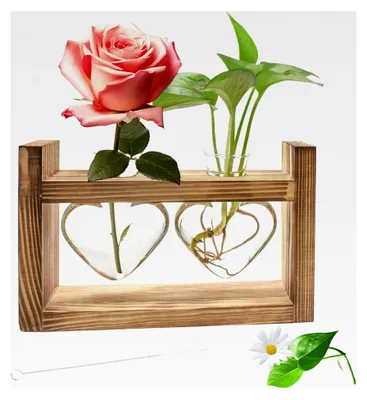 Produktbild von Herzförmige Blumenvase aus Glas mit Holzständer für Tischdekoration