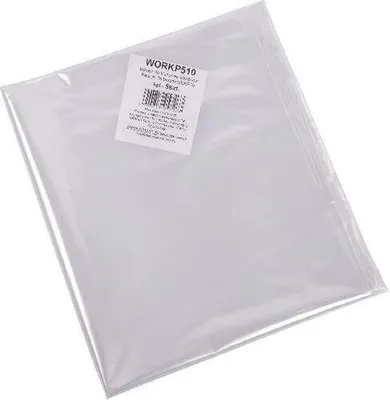 A clear plastic bag with a label on it, lying on a white background.