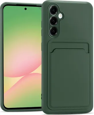 A green phone case with a card slot is shown next to a smartphone.