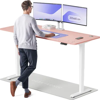 Produktbild von Desktronic HomePro Elektrisch höhenverstellbarer Schreibtisch 200x80cm Weiß/Rosa mit Memory-Funktion, Anti-Kollisions Technologie, USB-A und USB-C-Ladeanschlüssen