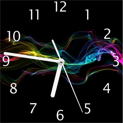 Produktbild von Wallario Design Wanduhr Bunter Rauch vor schwarzem Hintergrund aus Echtglas, Größe 20 x 20 cm
