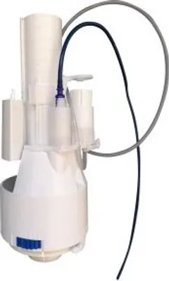 A white toilet flush valve mechanism with a black hose and a gray loop of tubing.
