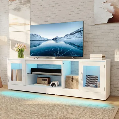 Produktbild von TV-Schrank mit LED-Beleuchtung, TV Lowboard mit 2 Türen, 3 offenen Regalen, Fernsehschrank, 160x32x51CM, Weiß
