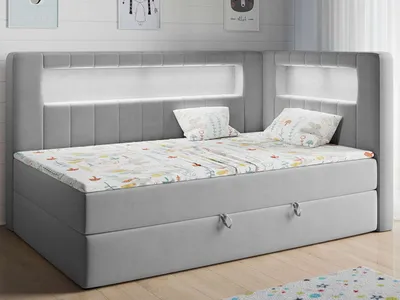 Produktbild von Polsterbett 90x200, Kinderbett mit LED, Matratze und Topper - JUNIOR-GOLD-3 - Grau - Rechte Seite