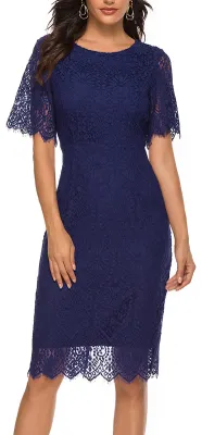 Produktbild von MEROKEETY Damen Kurzarm Spitze Floral Cocktailkleid Rundhals Knielang für Party,