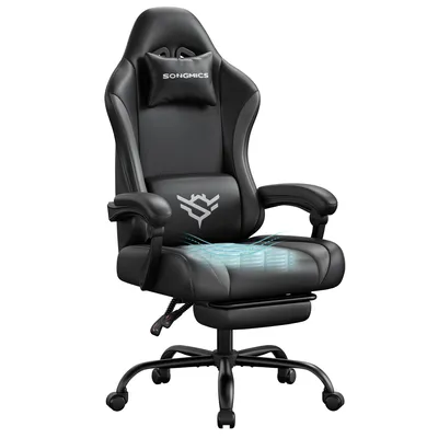 Produktbild von SONGMICS Gaming Stuhl, Ergonomischer Bürostuhl aus Kunstleder, mit Fußstütze und Lendenkissen, 135° Neigung, 70 x 70 x 120-130 cm, Schwarz