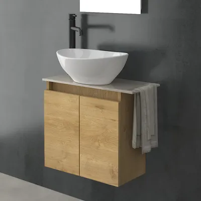 Produktbild von Alpenberger Aufsatzwaschbecken mit Unterschrank hängend, Keramikplatte 65cm, Kompletter Waschplatz aus Keramik & MDF/MFC, platzsparendes WC Waschbecken mit Unterschrank für Bad & Gäste-WC