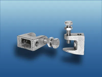 Two metal beam clamps with bolts and nuts against a blue gradient background.