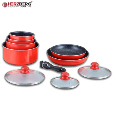 Produktbild von Herzberg HG-5000: 10-Teiliges Kochgeschirrset Mit Marmorbeschichtung Red