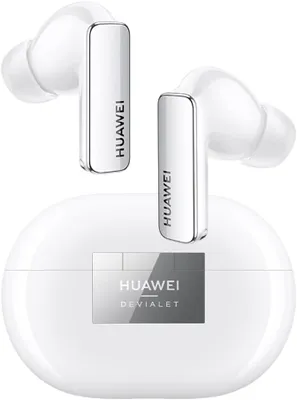 A pair of white HUAWEI FreeBuds Pro wireless earbuds and their charging case are displayed against a white background.
