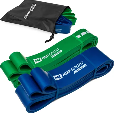 Produktbild von Hop-Sport Fitnessbänder SET aus Latex verschiedene Ebenen Wiederstandsbänder für Kraft & Fitnesstraining und Muskelaufbau - Klimmzüge 23-80kg - 2 Bänder