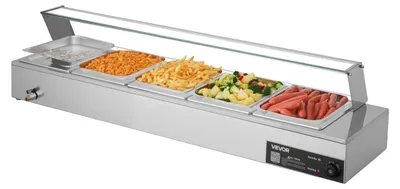 Productafbeelding van VEVOR commerciële warmhoudkast met glazen afdekking en 5 bakken, 1,5 kW. RVS buffetwarmhouder, buffetbakken, bain-marie, warmhoudstation voor voedsel