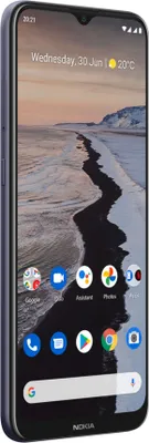 A smartphone is shown from a diagonal angle, displaying its screen and part of its side.