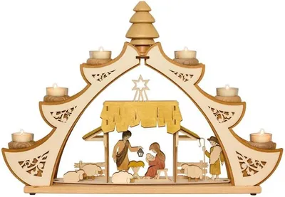 Productafbeelding van Lichtboog/kaarsboog voor theelichtjes - met 6 glazen inzetstukken en rooksparren - motief: kerststal - afmetingen: ca. 56 x 10 x 39 cm