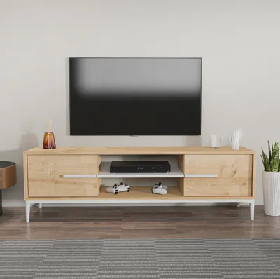 Immagine prodotto di Skye Decor, Eslem - Rovere, Bianco, Mobile TV, Rovere, 100% PANNELLI DI PARTICELLE RIVESTITI IN MELAMMINA, 120 x 29,6 x 43,6 cm
