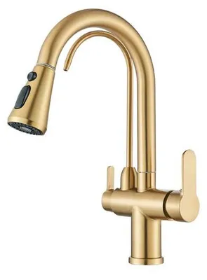 Produktbild von 3-Wege Küchenarmatur NORDIC mit Wasserfilter-Anschluss, herausziehbare Brause, 360° schwenkbar, getrennte Wasserwege, Keramikkartusche Messing-Gold