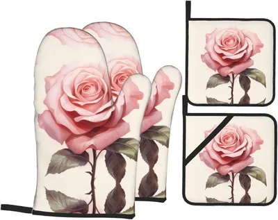 Produktbild von 4-teiliges Küchenhandschuh- und Topflappen-Set mit Rosenillustration, bedruckte Ofen- und Grillhandschuhe für die Küche