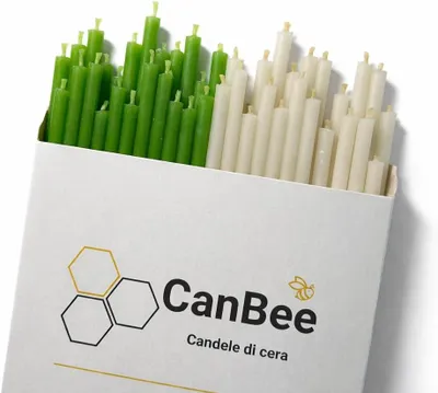 Immagine prodotto di 50 candele in cera d'api naturali, di colore verde e bianco, realizzate al 100% con cera d'api – 16 cm x Ø 5 mm – Tempo di combustione: circa 40 minuti – Ideali per la meditazione