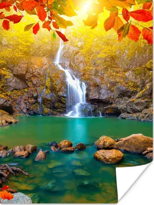 Produktbild von MuchoWow® Poster Steine - Baum - Wasserfall - Herbst - Rot 90x120 cm - Wohnzimmer