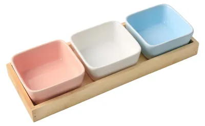 Dipschalen-Set, 3 Keramikschalen 150 ml mit Holzbrett